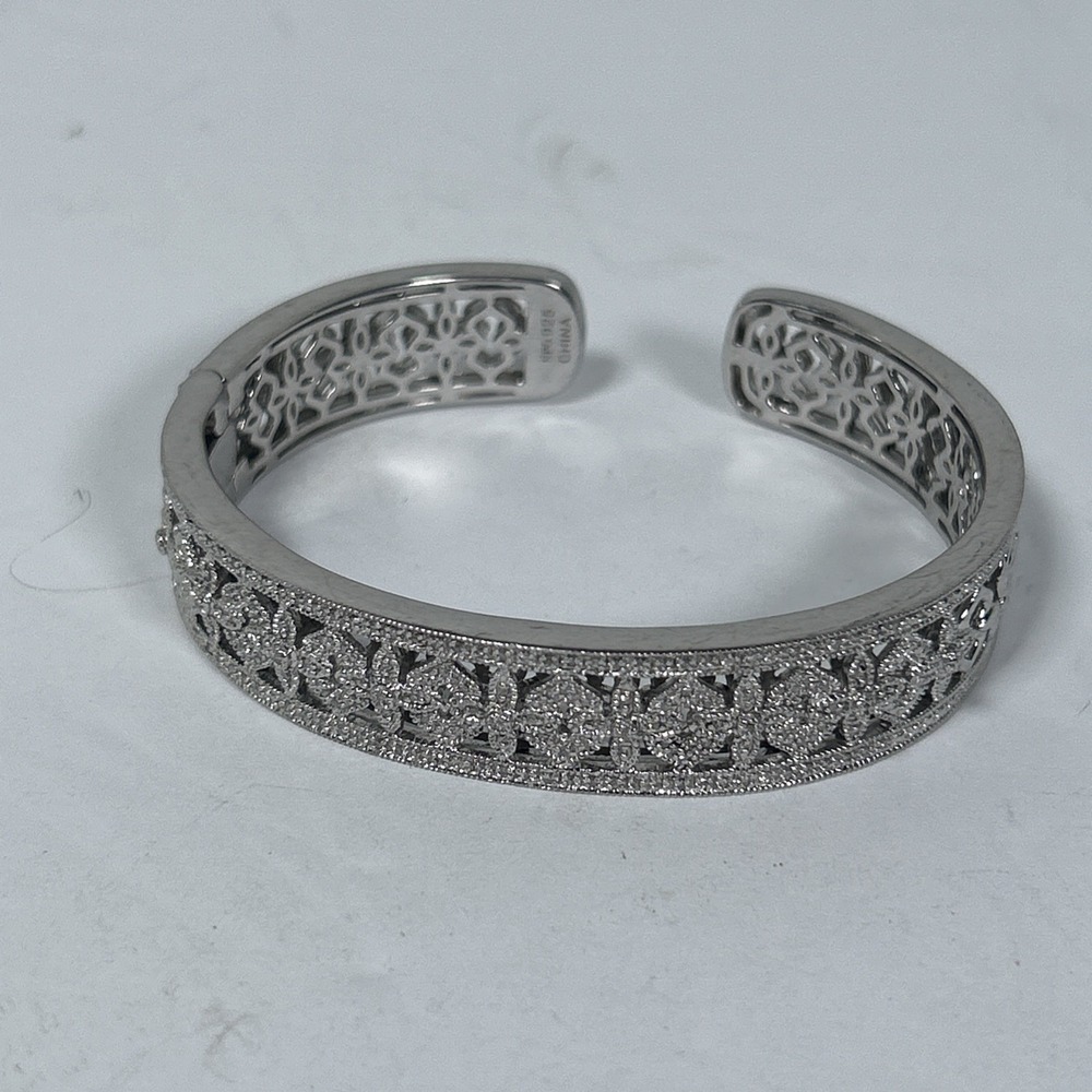 Vintage RPG Sterling Silver Pave Diamonds Filigree Hinged Bangle - Sz 7